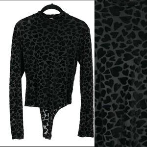Only Hearts Black Burnout Velvet Hearts Long Sleeve Thong Bodysuit Valentine's M